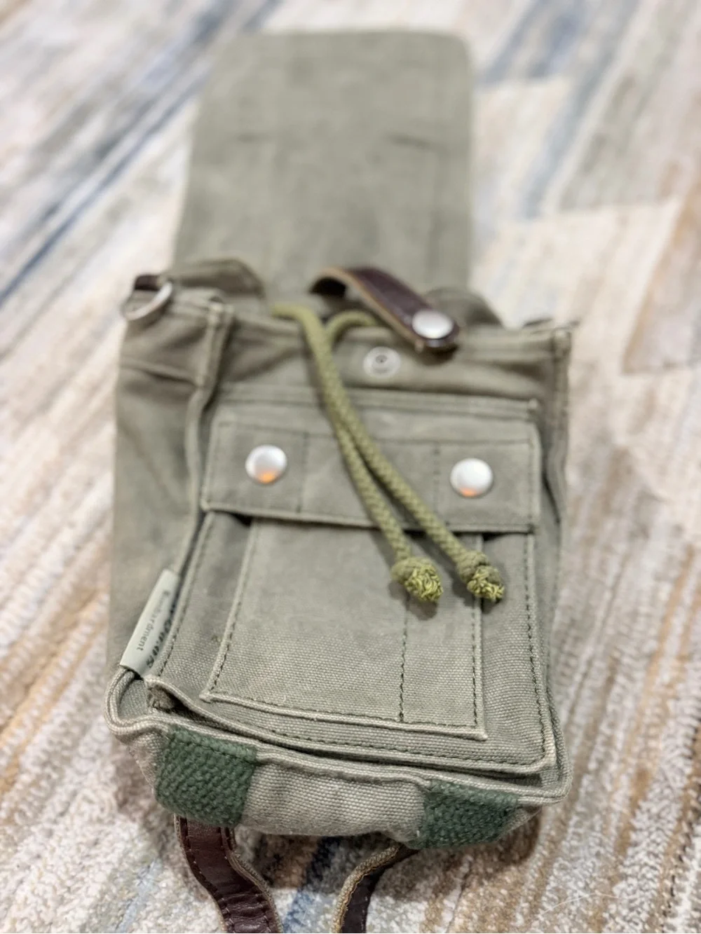 Olive Green Canvas Messenger Bag with Brown Leather Accents